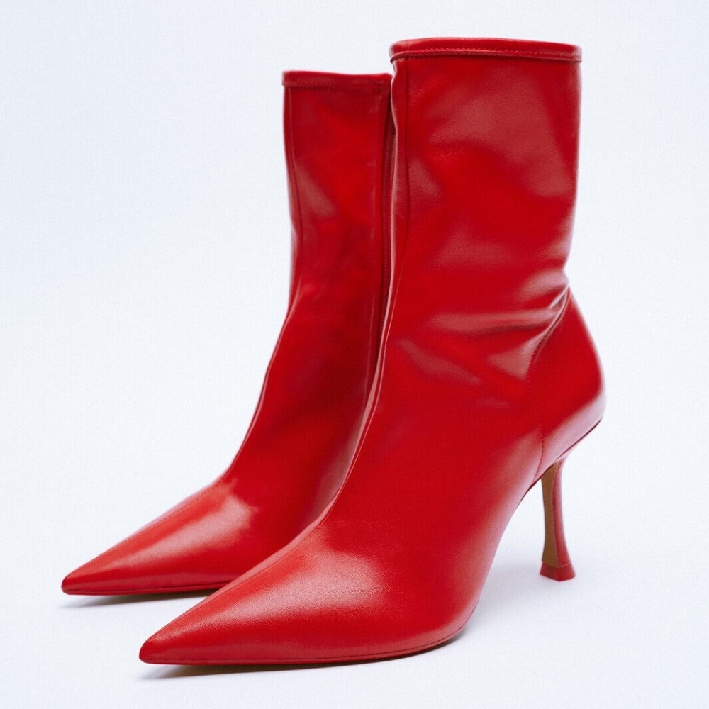 Zara Mid-Heel Leather Ankle Boots Red Size-7,5
